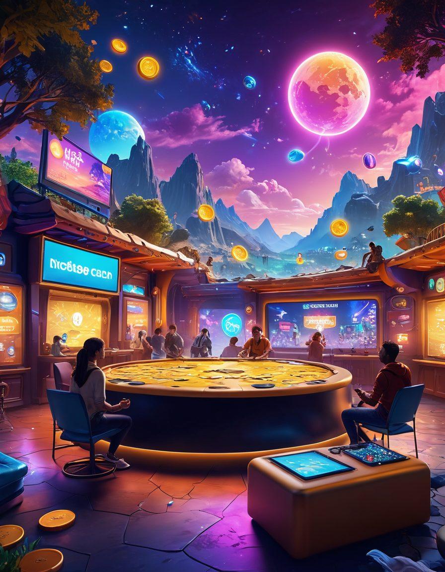 A vibrant gaming environment filled with diverse players exchanging virtual currency, animated glowing coins swirling around them. Show interactive elements like chat bubbles and game avatars engaging in lively conversation, all set against a colorful backdrop of gaming landscapes. Highlight a sense of community and connection. super-realistic. vibrant colors. 3D.