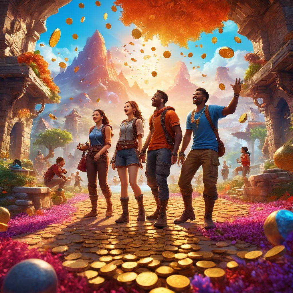 A vibrant scene of a diverse group of gamers with joyful expressions, immersed in a colorful fantasy world filled with floating coins and game currency symbols. Bright magical landscapes and various gaming elements like avatars and enchanted items enhance the atmosphere of excitement and adventure. The image should convey a sense of community and joy in gaming experiences. super-realistic. vibrant colors. fantasy style.