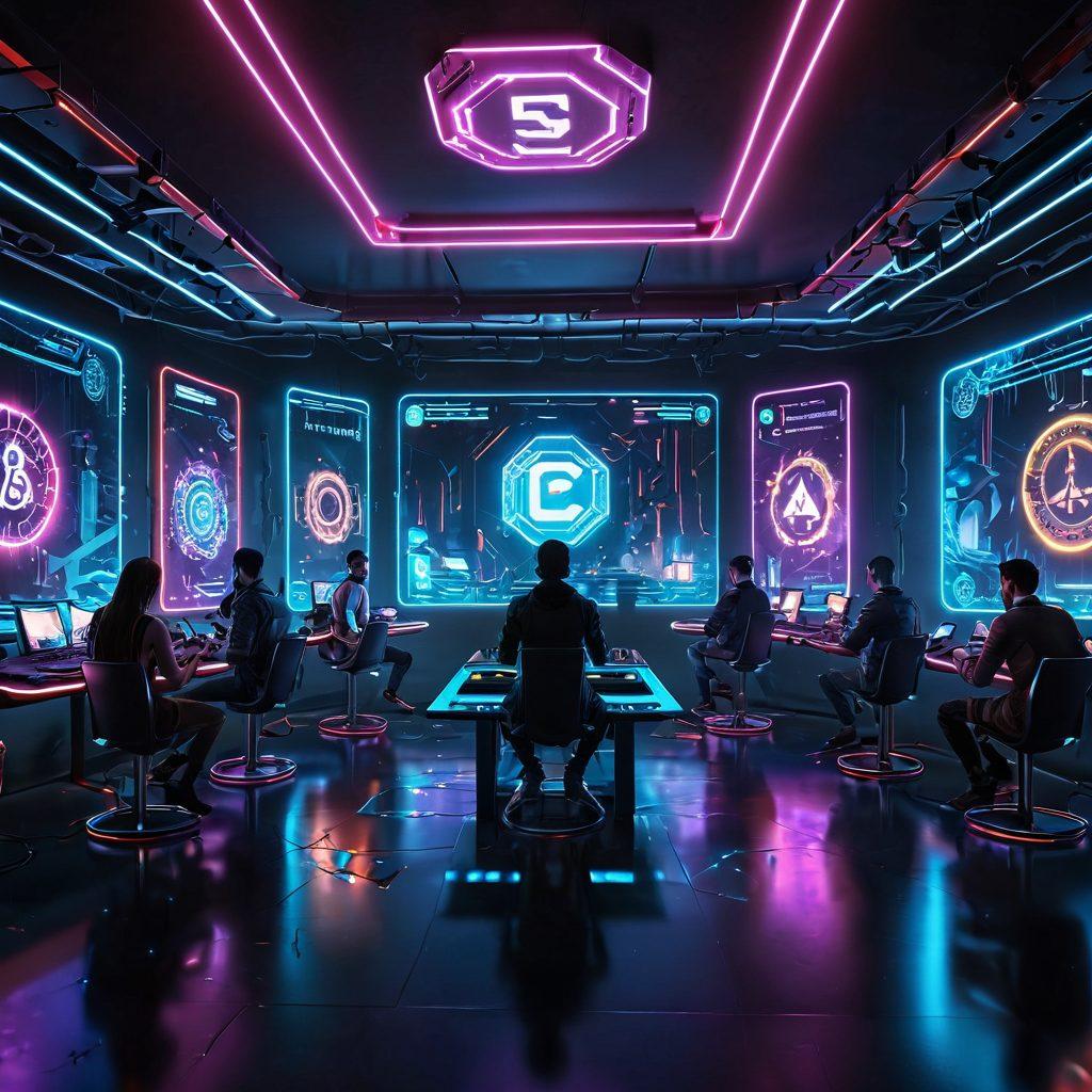 An intense gaming scene showcasing a diverse group of players immersed in a digital landscape infused with digital currencies. Elements like floating coins and blockchain graphics intertwine with futuristic gaming equipment. A thrilling virtual competition unfolds in the background, with bright neon lights and a dynamic atmosphere. The composition emphasizes the fusion of gaming and finance. cyberpunk. vibrant colors. 3D.